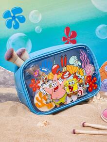 SpongeBob SquarePants | SHEIN 1個大容量卡通圖案印花透明視窗化妝包，適合存放化妝品、文具、日常用品、數位產品，完美適用於通勤、上學、旅行，適合男士、女士、學生，海底世界、蟹老闆、章魚哥 - 藍色 - 查看 2