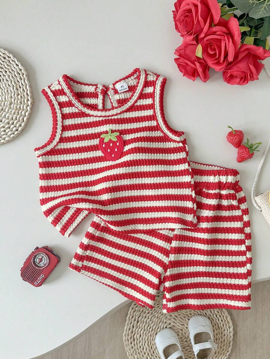 Elladie kids 女童紋理布料拼接下擺無袖上衣與休閒短褲 T-shirt 套裝