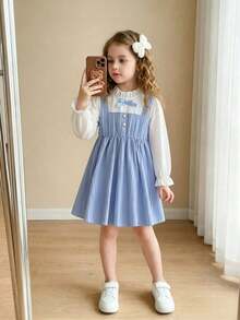 Young Girl Autumn 2 In 1 Dress, Textured Blue And White Patchwork Design, Exquisite Bow + Pearl Button Embellishment, Soft Skin-Friendly Fabric, Gentle Preppy Style High-Quality Children's Clothing - Blue - View 7