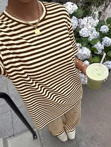 Muchica 休閒極簡風棕色與杏色拼接條紋女款圓領T恤與長褲兩件套 - 彩色 - 查看 4