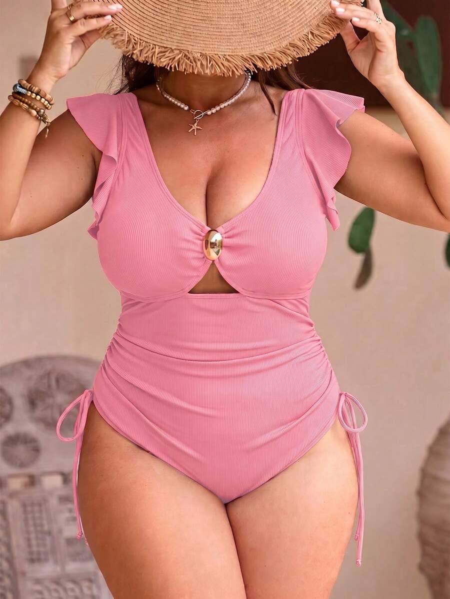 Swim Chiccia 女款大尺碼一件式黑色泳衣,夏季度假性感一件式泳裝 - 粉色 - 查看 1