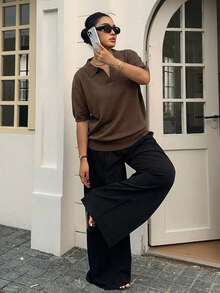 Dazy Plus Fun Commute Color Block Patchwork Polo Collar Casual Short Sleeve Plus Size Women Spring Summer Knit Top - Brown - View 5