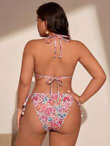 Swim Vcay Plus Size Vacation Floral Print 3D Shell Decor Halter Tie Bikini Two-Piece Swimsuit Set - Hot Pink - View 4