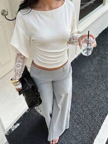 Aloruh Vacation Boho Apricot Knit Textured One-Shoulder Flare Sleeve Contrast Lace Women T-Shirt - Apricot - View 1