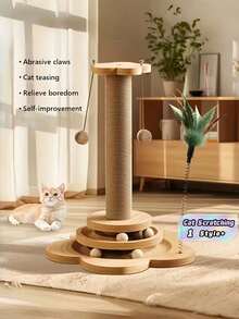 1PC Multifunctional Tall Wooden Cat Scratching Post With Two Tier Track Ball Interactive Feather Hanging Toy Durable No Mess Indoor For Adult Kitten Cat Pet Supplies - Brown - View 1