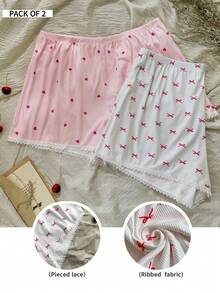 CottageSlumber Plus Size Women's Silk Lace Pajama Pants, Spliced Lace Bow Heart Print, 2pcs Shorts Set - Multicolor - View 2