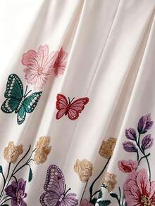 Rafferiza 花卉蝴蝶刺繡印花中長洋裝，女款圓領荷葉袖A字裙，白色刺繡印花夏季休閒中長洋裝，優雅高腰花卉刺繡印花洋裝，復古風蝴蝶刺繡印花中長洋裝，休閒夏季花卉刺繡中長洋裝，優雅圓領荷葉袖刺繡洋裝，女款休閒洋裝，花卉洋裝，傘裙，度假洋裝，假日洋裝 - 杏色 - 查看 4