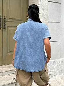 Rivivi 大尺碼女款休閒百搭夏季短袖牛仔上衣 - 中等水洗藍 - 查看 2