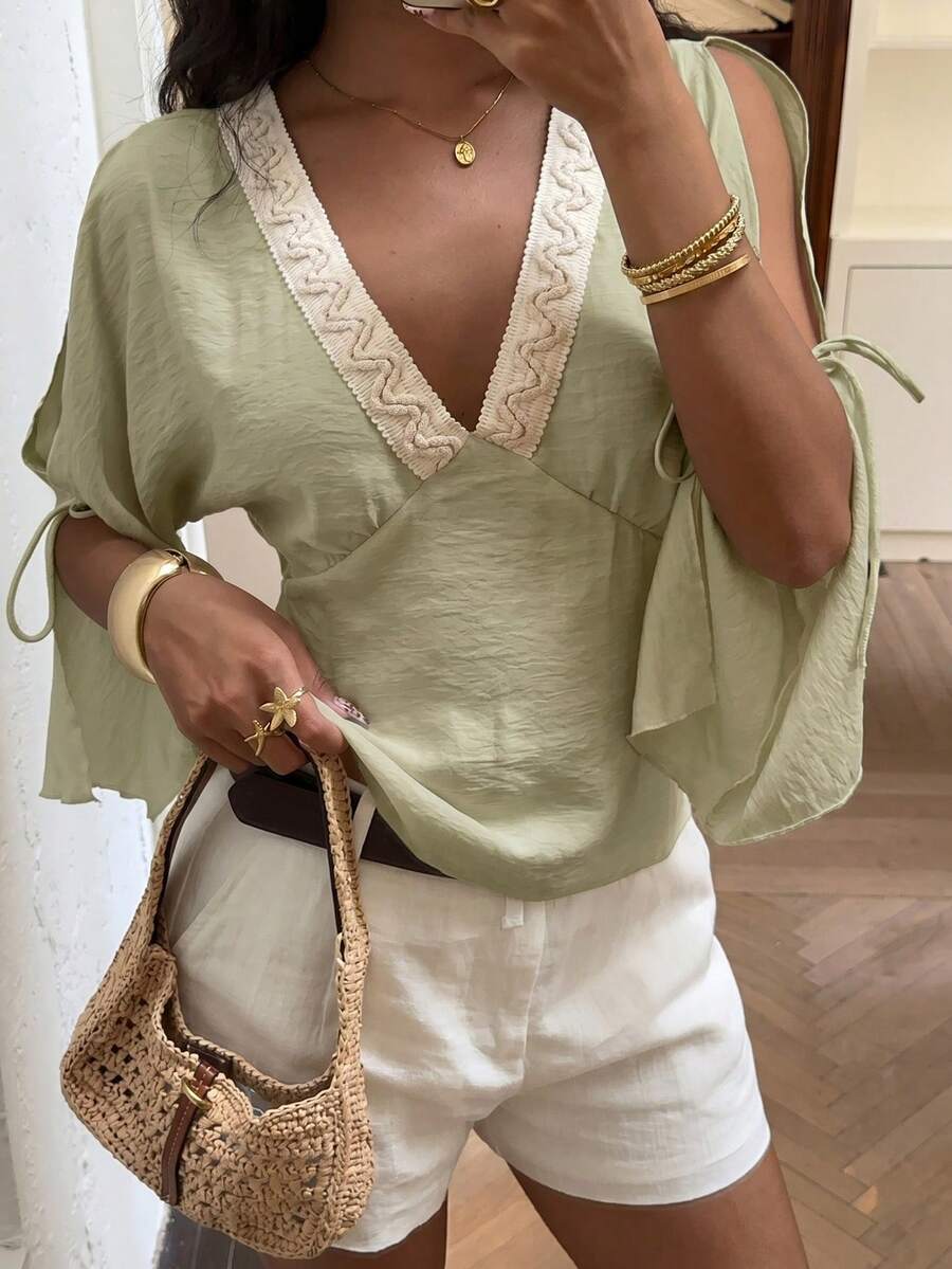 SHEIN SunnyBelle Women's Autumn Sage Green Vintage Elegant Artistic V-Neck Flared Sleeve Commuter Blouse, Suitable For Vacation, Travel, Music Festival, Beach Brunch - Green - View 1