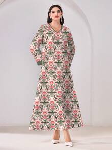 Al Najma Casual Minimalist Conservative Floral Pattern Long Sleeve Arabian Dress - Multicolor - View 4