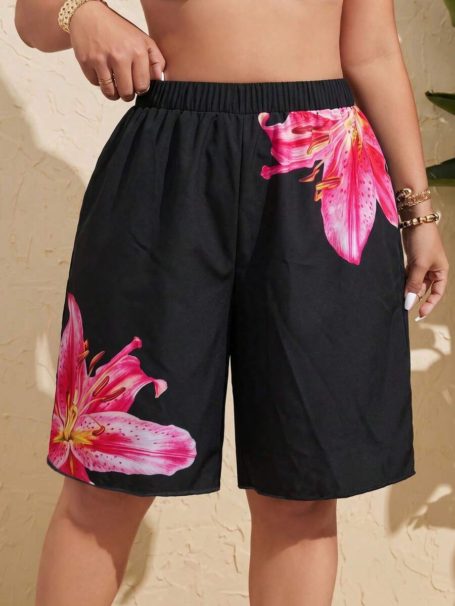 Swim Vcay Women's Plus Size Solid Color Single PieceBermuda Shorts, Vacation Beach Vacation Pants Summer - Multicolor - View 1