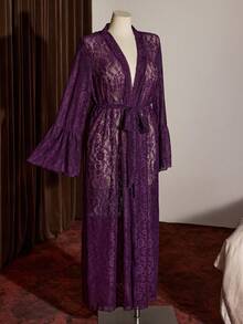 Slumberist Women's Sexy Lace Sheer Purple Ruffle Patchwork Long Sleeve Long Maxi Plus Size Nightgown - Purple - View 7