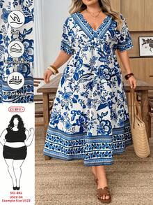 SHEIN CURVE+ 大码女式蓝白碎花短袖连衣裙，夏季休闲连衣裙，沙滩裙，复活节连衣裙，西部风连衣裙，波西米亚风，嬉皮风，牛仔连衣裙，波西米亚风，夏季连衣裙，复活节连衣裙，春假连衣裙，碎花连衣裙，伊比沙岛风，沙滩裙/波西米亚复古沙滩裙，沙滩长裙，度假 - 藍白色 - 查看 9