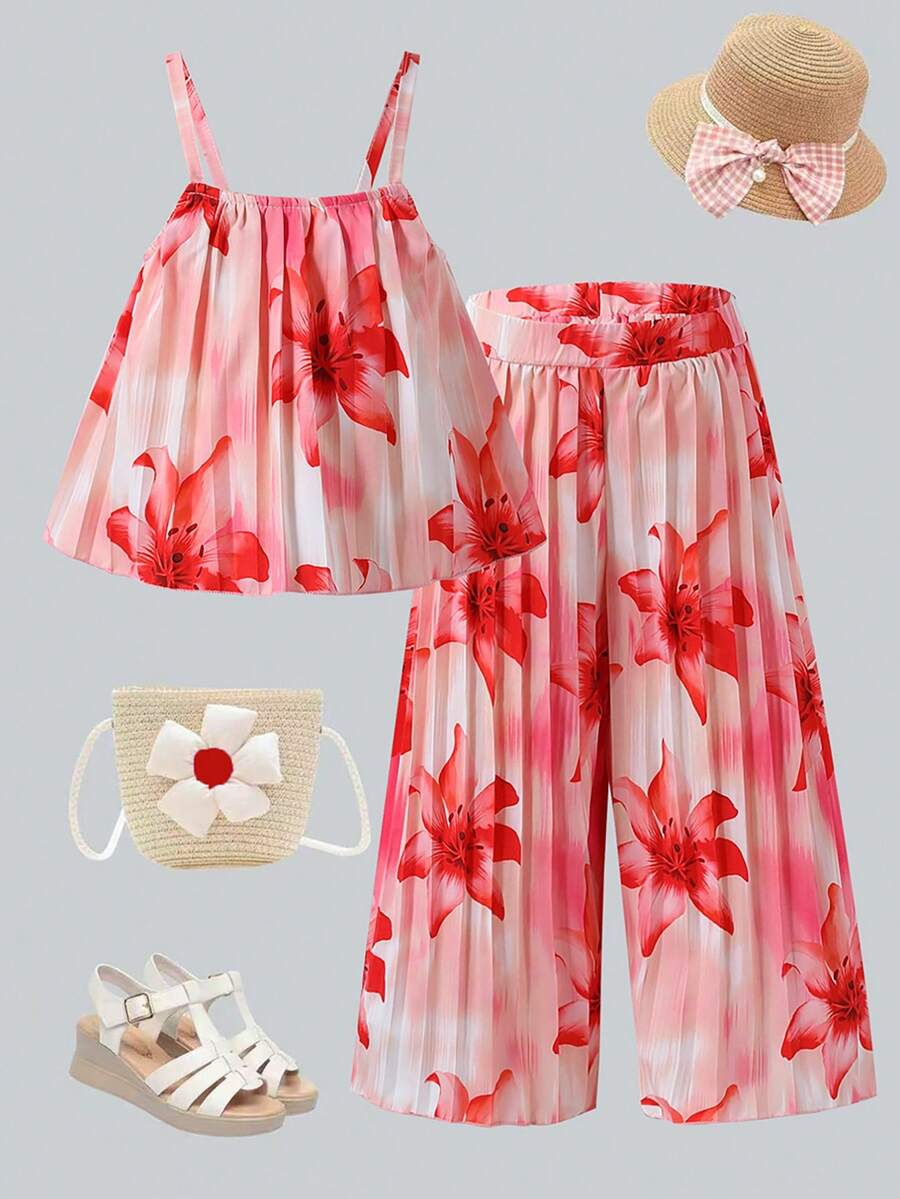 SHEIN Elladie kids 這套甜美花卉印花兩件式幼兒夏季套裝包含一件吊帶背心和長褲,適合日常購物、外出、度假和夏令營等多種場合 - 紅色 - 查看 1