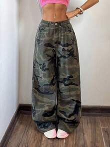 SHEIN HypeZone 女款迷彩印花口袋寬腿寬鬆休閒牛仔長褲 - 彩色 - 查看 8