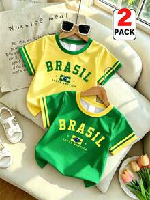 SHEIN 2pcs Girls' American Sports Short Sleeve T-Shirts, Brazil Letter & Flag Print Contrast Ribbed Crew Neck Thin Tops, Suitable For Ball Games, Outings, Daily Wear, Spring, Summer, Early Autumn - Multicolor - View 4