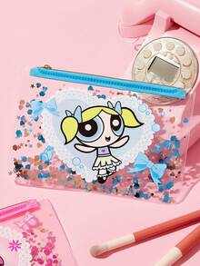 THE POWERPUFF GIRLS X SHEIN 1個卡通角色印花亮片裝飾透明PVC輕量化化妝包，適用於存放化妝品、文具、日常用品、數位產品，完美適合通勤、上學、旅行，適合所有年齡層，學生友善，花朵、泡泡、毛茛、友誼、蝴蝶結 - 無色 - 查看 4