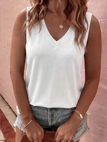 EMERY ROSE Summer Casual Basic V-Neck White Plus Size Tank Top - White - View 4