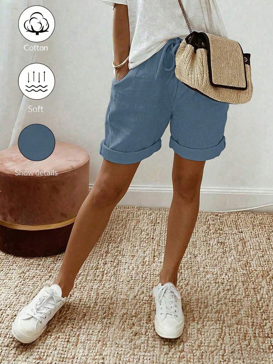 SHEIN Holidaya 女款夏季新款棉麻休閒抽繩捲邊短褲,採用棉麻紋理面料,搭配彈性腰抽繩設計與捲邊細節,呈現隨意且時尚的風格,適合日常出遊、度假或輕便休閒場合,是休閒抽繩短褲類別中的百搭單品,卡其色優雅長褲與寬鬆顯瘦長褲 - 藍色 - 查看 1