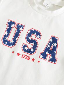 SHEIN 兒童青少年男/女童 2件組 春夏時尚休閒美式國旗圖案短袖T恤與牛仔短褲套裝，青少年男童夏季服飾套裝，柔軟舒適，日穿搭 - 白色 - 查看 5