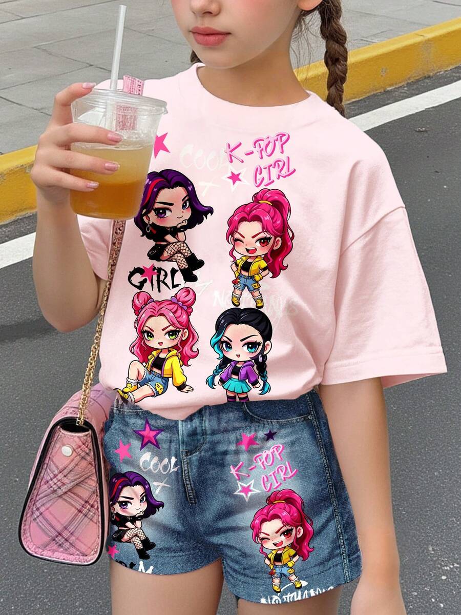 兒童 K-卡通塗鴉美少女圖案,青少年女孩休閒簡約短袖 T 恤與短褲休閒兩件套,適合夏季 - 彩色 - 查看 1