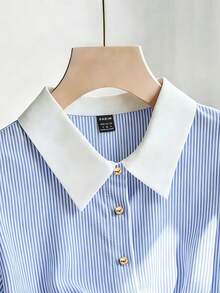 SHEIN Franclia 女款優雅藍色條紋領口寬鬆短袖襯衫，夏季戶外休閒優雅上衣，度假、假日、通勤、辦公室社交/工作服，女款辦公室穿著上衣 - 藍色 - 查看 3