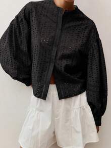 Nöista 粉色英式刺繡襯衫，帶領口與泡泡袖，優雅秋季休閒、返校、辦公室風格 - 黑色 - 查看 2