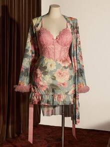 Slumberist Plus Size Fishbone Waist Design Lace Patchwork Camisole Nightgown And Flare Long Sleeve Floral Print Mesh Robe Set - Multicolor - View 5