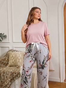 Serenescape Conjunto de pijama de talla grande para mujer con cuello redondo, unicolor y estampado de plantas & pájaros - Multicolor - Ver 6