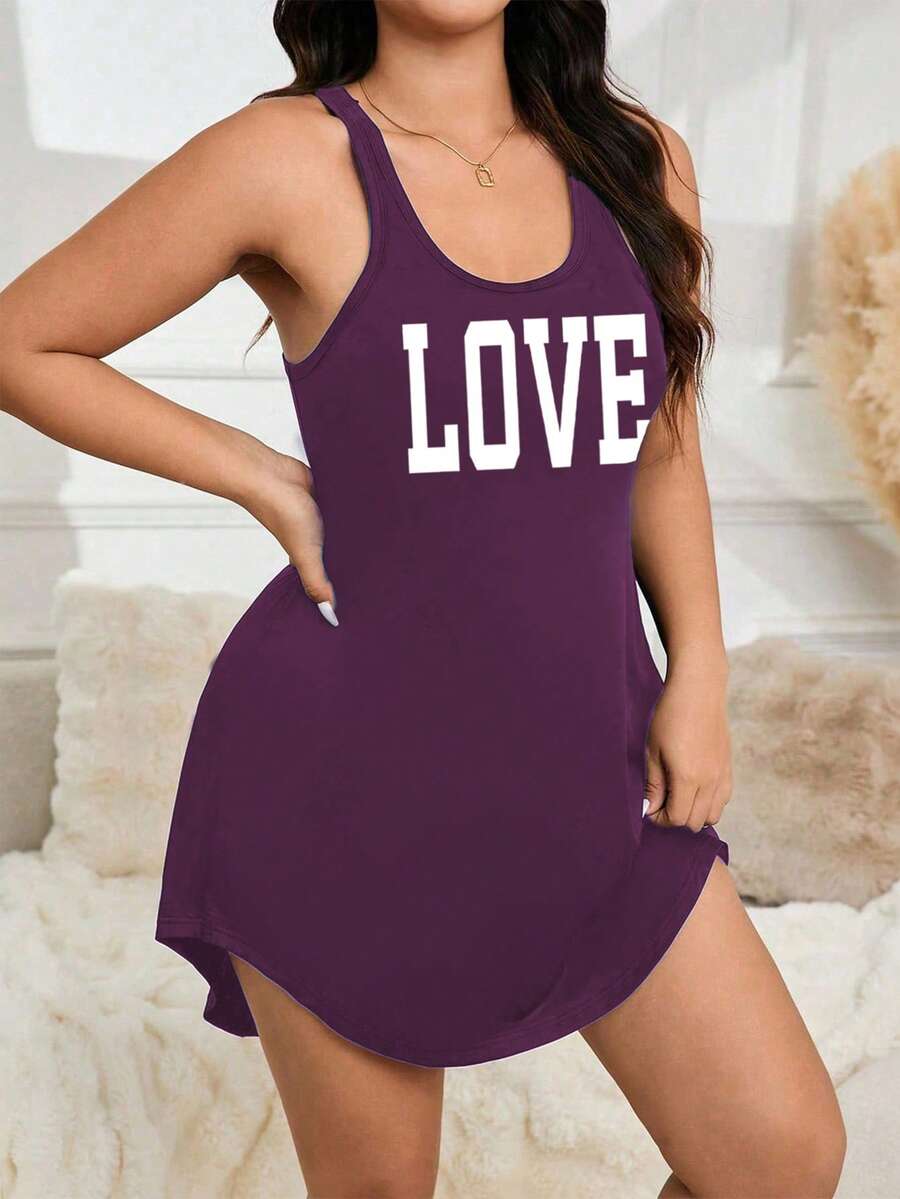 SHEIN Casual Underwear&Sleepwear 大尺碼女款字母印花休閒背心式睡裙 - 紫色 - 查看 1