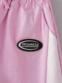 SHEIN 青少年女孩粉色拼色抽繩寬腿褲，側面拼色運動校園夏季街頭休閒長褲，輕盈光滑面料 - 粉色 - 查看 7