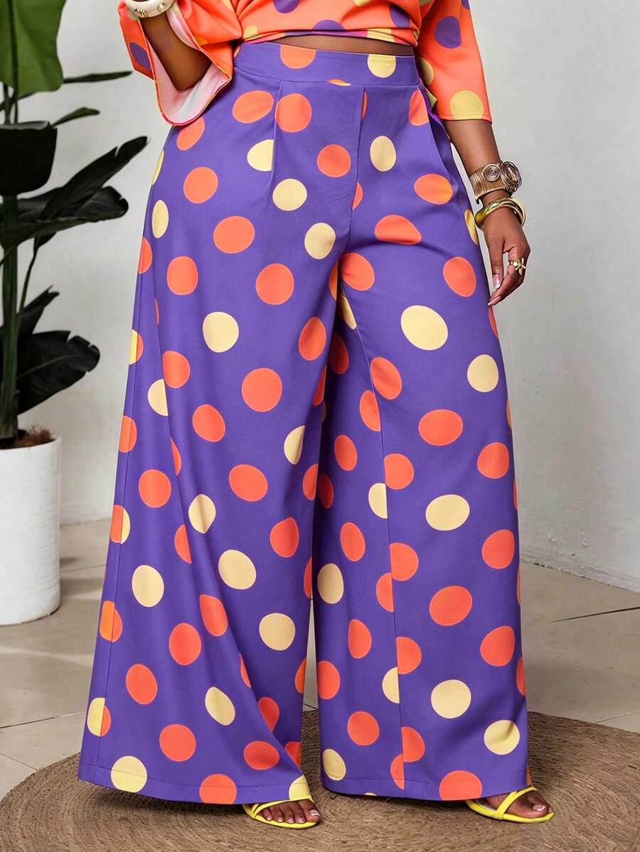 Maweii Plus Size Women's Dopamine High Saturation Color Block Polka Dot Drape Wide Leg Pants, Slimming Straight Leg Long Pants, Summer Vacation Casual Floor-Length Pants - Purple - View 1