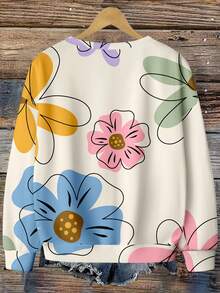 Mellowie Sudadera casual de mujer con estampado floral colorido, cuello redondo y ajuste holgado, adecuada para otoño/invierno - Multicolor - Ver 2