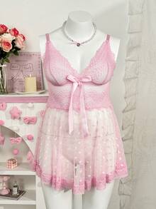 FairyFlirt Plus Size Lace Patchwork Nightgown 2pcs Set - Pink - View 3