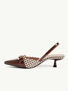 CUCCOO CHICEST Ladies Metal Chain Pointed Kitten Heels Brown Splicing Checkered High Heels Shoes Elegant Commuting Shopping Dating Afternoon Tea Comfortable - Brown - View 11