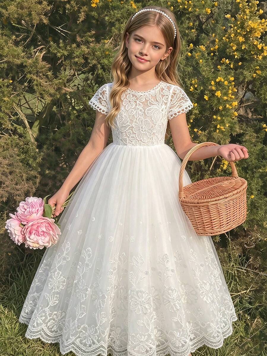 Vestido de fiesta de cuello redondo con volantes y estampado floral para niña preadolescente
