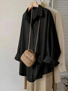SHEIN CURVE+ 大尺碼秋季休閒傳統日常穿著襯衫，長袖寬鬆長版，2026冬季 22W - 黑色 - 查看 4