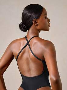 Veilyse Women's Solid Color Deep V-Neck Backless Crisscross One-Piece Shapewear UnderwearOuter - Black - View 2