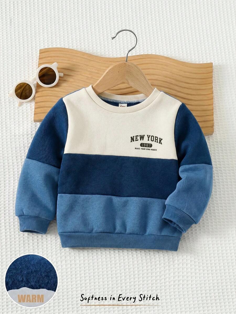 Cozy Pixies Unisex Loose Color Block Patchwork Blue Fleece Thick Pullover Pullover Sweatshirt, Suitable For Winter - Multicolor - View 1
