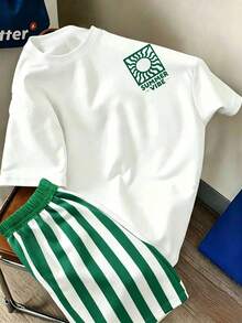 SHEIN 青少年男孩數位條紋與太陽夏季英文圖案短袖上衣與短褲套裝，春/夏休閒戶外運動圖案設計，適合戶外野餐、街拍、度假風格、日常穿著夏季套裝 - 彩色 - 查看 3