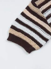 SHEIN Women's Basic Minimalist Casual Boho Fashion Vacation Brown Striped Colorblock Short Sleeve Knit Top Vacation Autumn - Brown - View 5