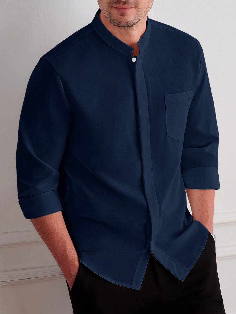 Core Aspect Camisa casual de unicolor versátil para uso diario y ceremonias para hombres - Azul Marino - Ver 1