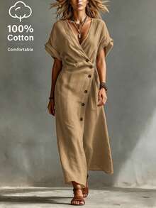 SHEIN Women Summer Holiday V-Neck Short Sleeve Wrap Midi Dress,Elegant Side Button Linen-Feel French  Tea Dress,Retro Cinched Waist Vacation Style Dress - Khaki - View 4