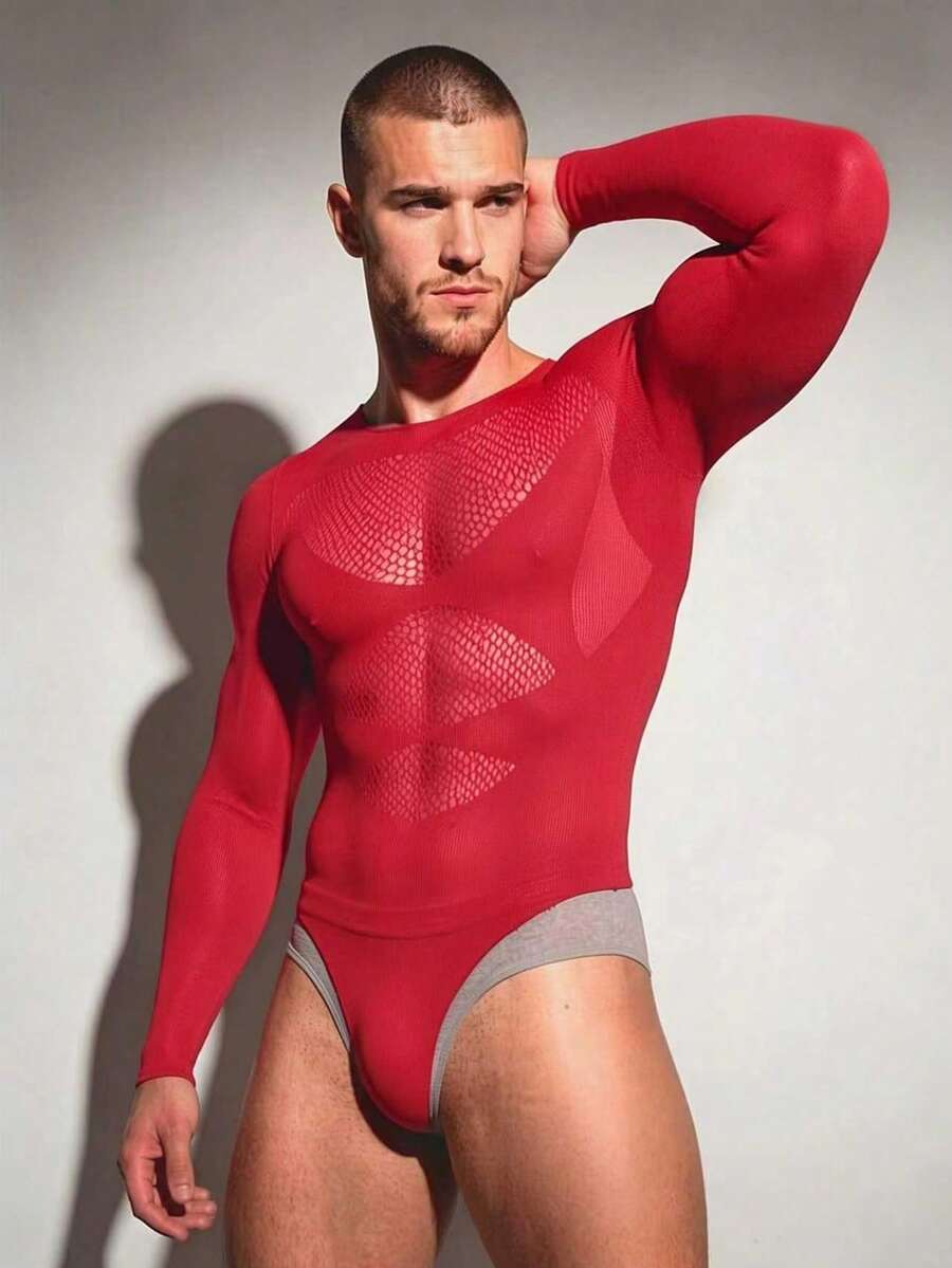 DSELFIQUE Men's Sexy Hollow-Out Patchwork Jumpsuit - Red - View 1