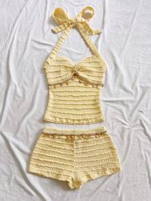 SHEIN Tween Girl Tween Girls Vacation Holiday Solid Yellow Textured Knit Beach Vacation Casual Starfish Halter Top Tank & Shorts 2 Pieces Set - Yellow - View 3