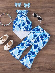 SHEIN Babygirl Casual Collared Sleeveless Asymmetric Hem Heart Print Tank Top And Flare Pants Set - Blue - View 2