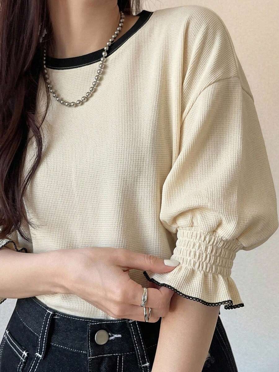 FRIFUL 女款夏季條紋圓領短袖袖口收口T恤 - 杏色 - 查看 1