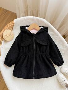 Baby Girl Cute Corduroy Hooded Thermal Lined Jacket, Autumn/Winter - Black - View 7