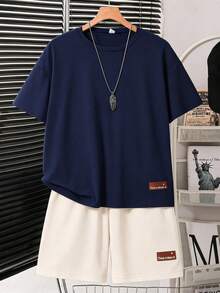SHEIN 青少年男孩休閒舒適長袖連帽衛衣與長褲套裝 - 藍色 - 查看 4