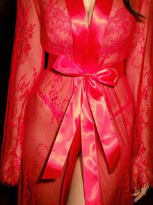 Bella Beso Sexy And Elegant Long Robe With A Belt, Lace Patchwork Coat Dress, Gauze Patchwork Elegant Nightgown, Home Wear, Valentine's Day - Red - View 7
